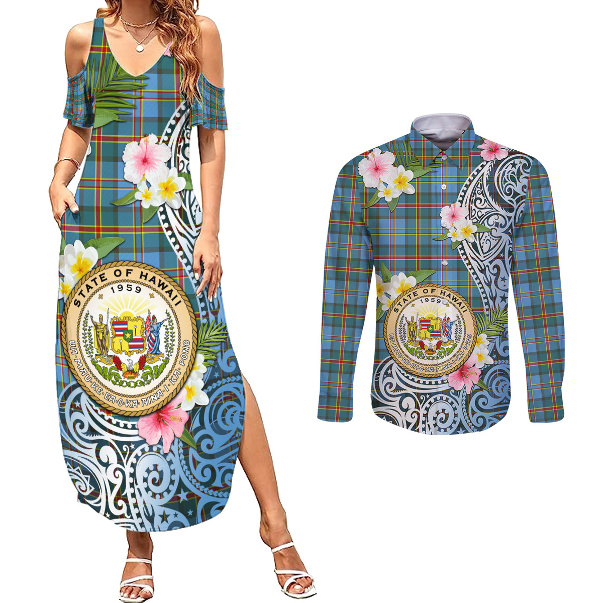 Personalised Hawaii State Couples Matching Summer Maxi Dress and Long Sleeve Button Shirt Tropical Flowers With Tartan Pattern LT05 Blue - Polynesian Pride