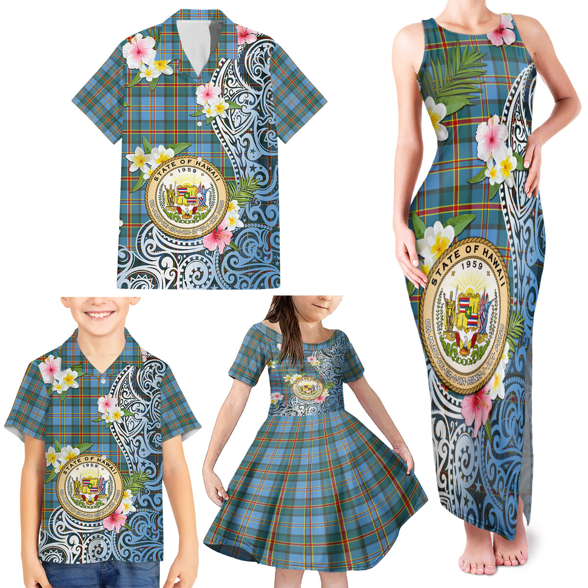 Personalised Hawaii State Family Matching Tank Maxi Dress and Hawaiian Shirt Tropical Flowers With Tartan Pattern LT05 - Polynesian Pride