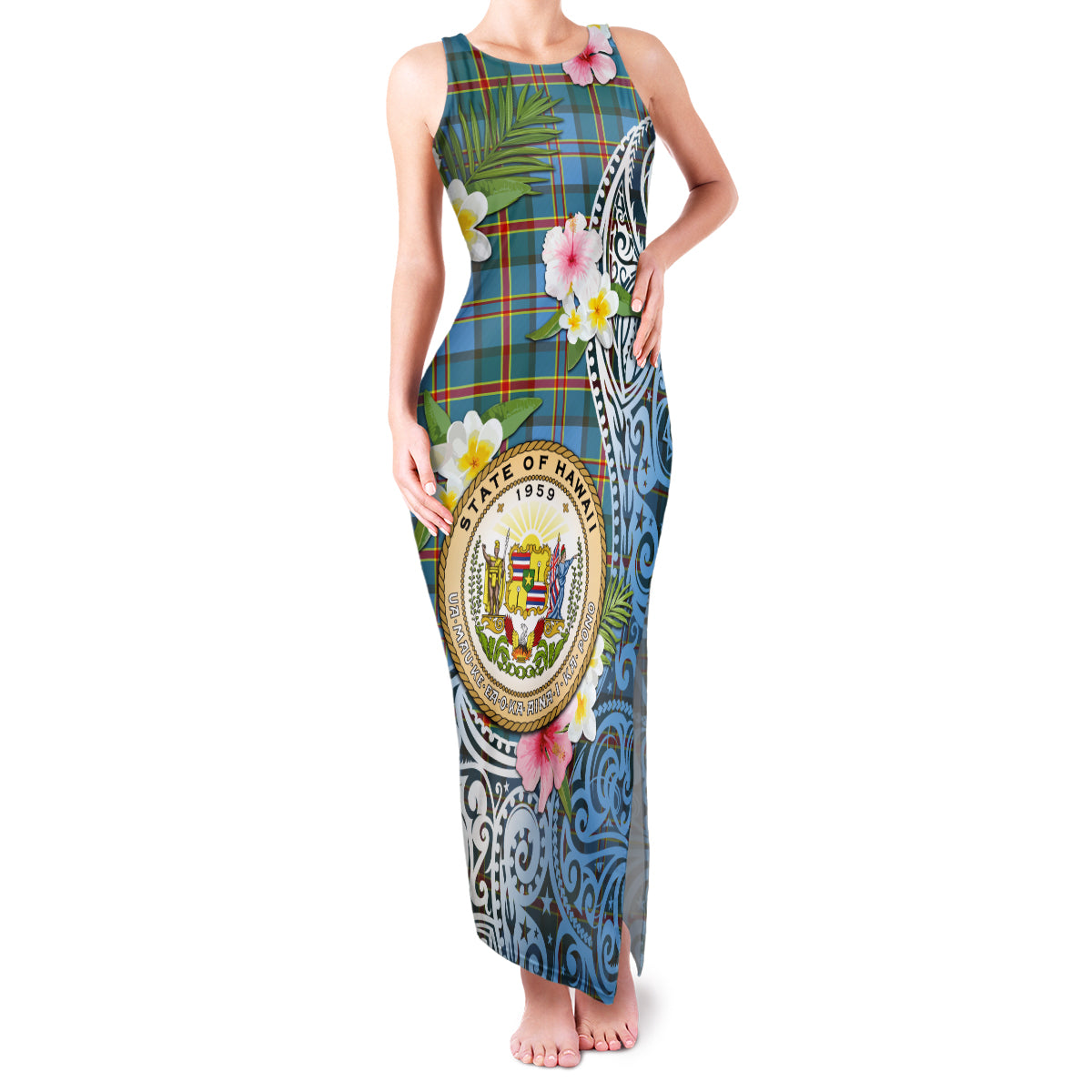 Personalised Hawaii State Family Matching Tank Maxi Dress and Hawaiian Shirt Tropical Flowers With Tartan Pattern LT05 Mom's Dress Blue - Polynesian Pride