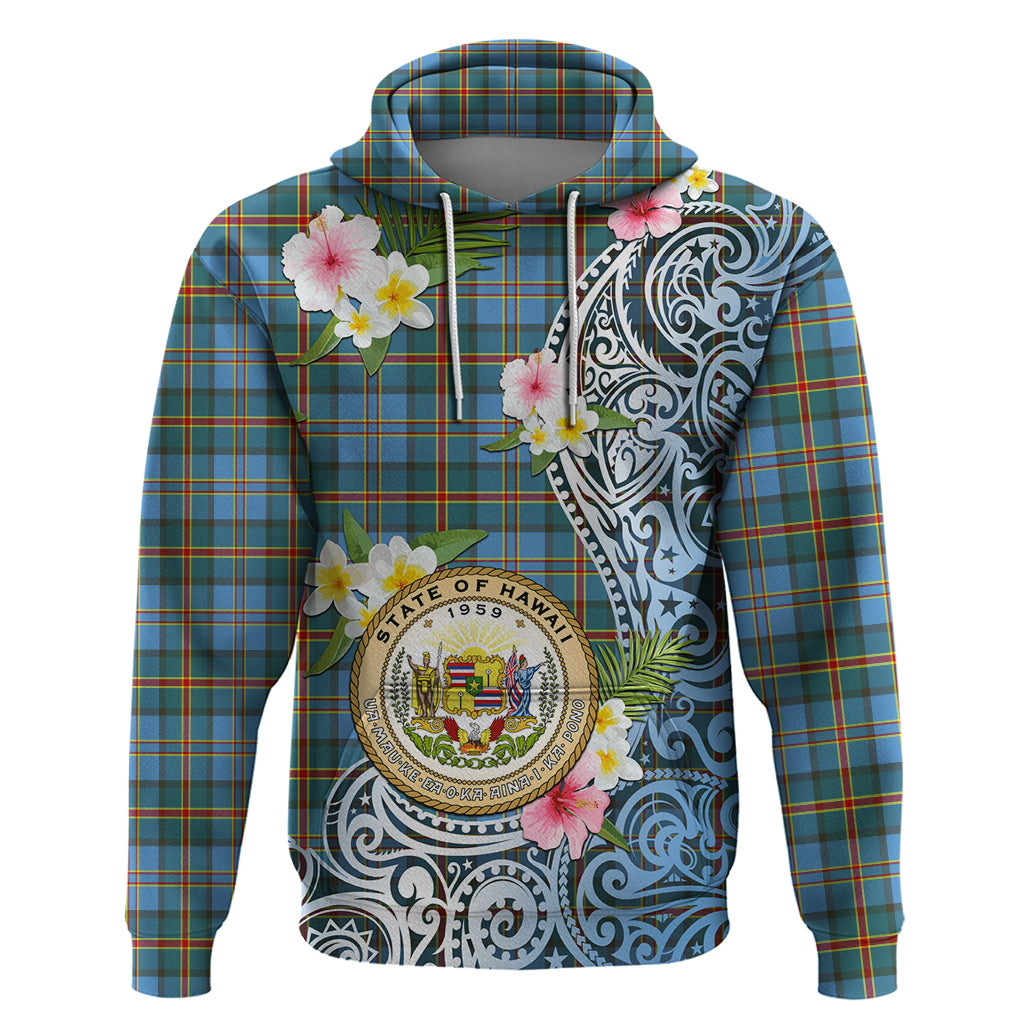 Personalised Hawaii State Hoodie Tropical Flowers With Tartan Pattern LT05 Pullover Hoodie Blue - Polynesian Pride