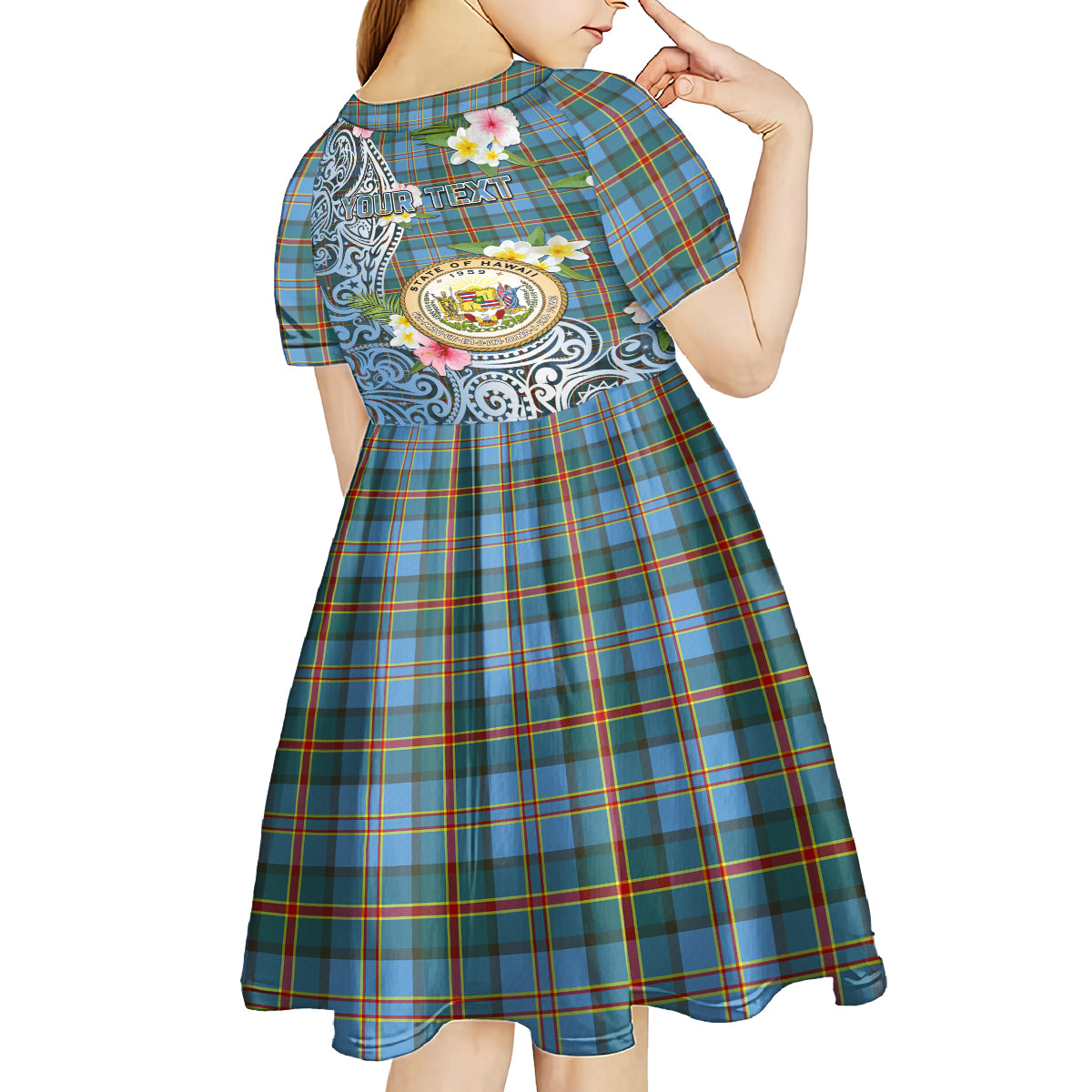 Personalised Hawaii State Kid Short Sleeve Dress Tropical Flowers With Tartan Pattern LT05 - Polynesian Pride