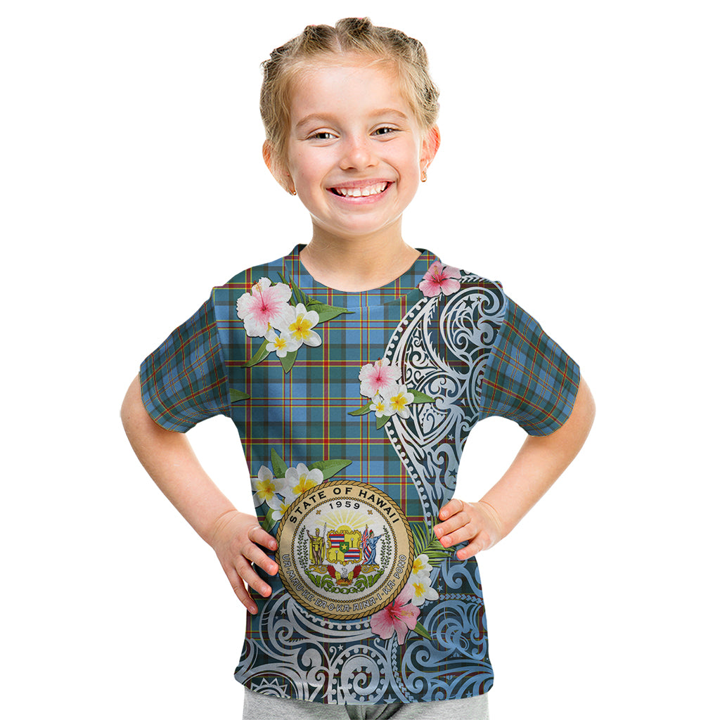 Personalised Hawaii State Kid T Shirt Tropical Flowers With Tartan Pattern LT05 Blue - Polynesian Pride