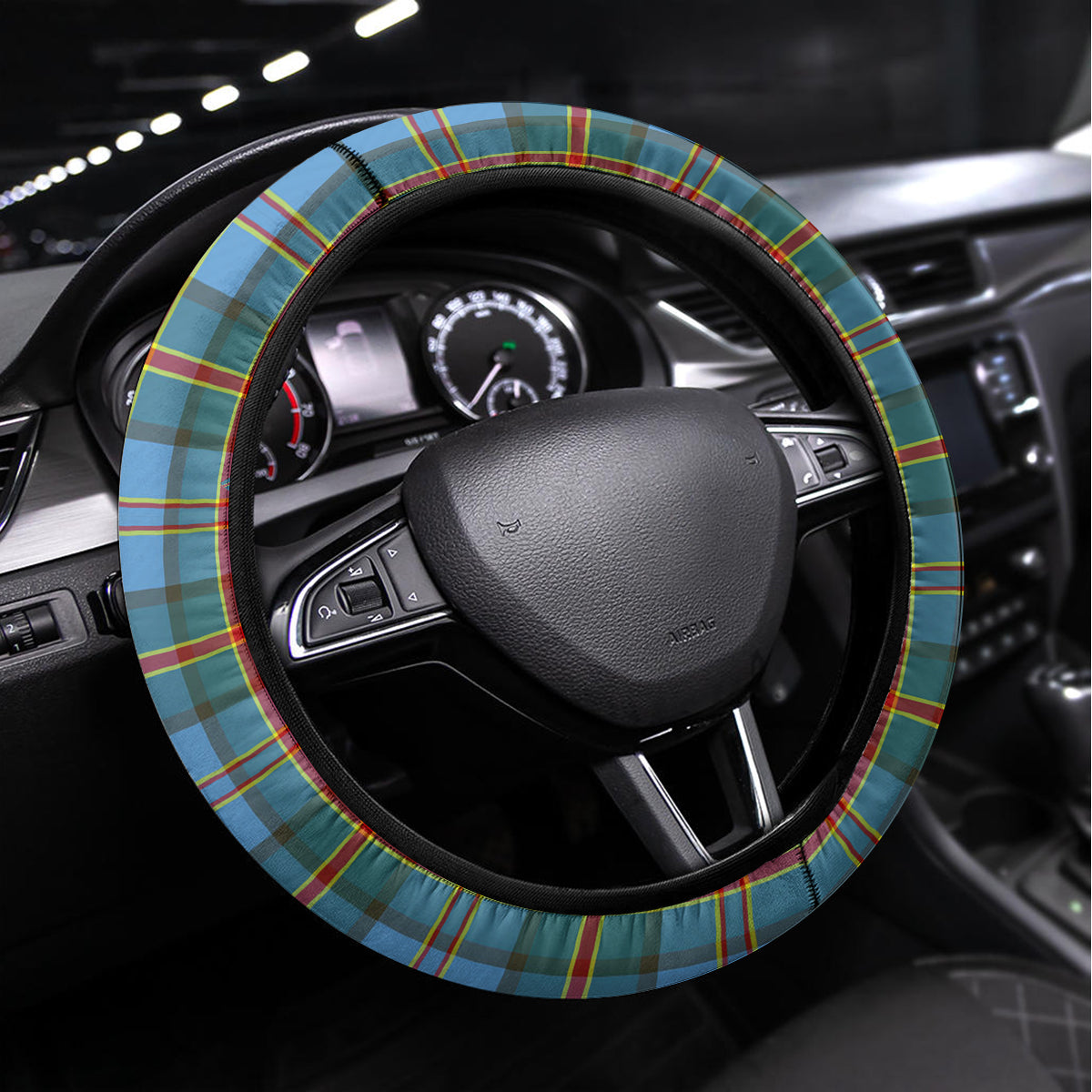 Hawaii State Steering Wheel Cover Tropical Flowers With Tartan Pattern LT05 Universal Fit Blue - Polynesian Pride