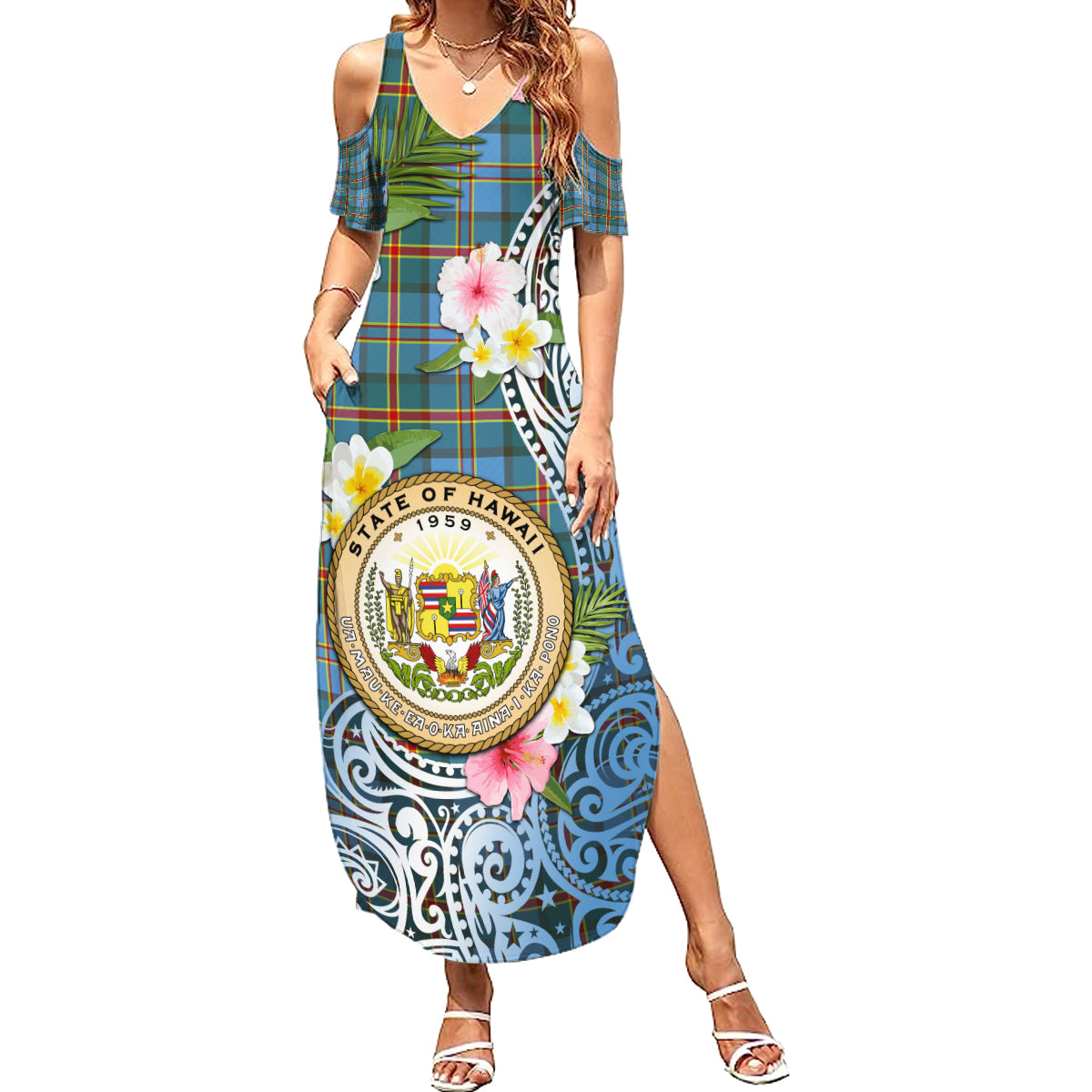 Personalised Hawaii State Summer Maxi Dress Tropical Flowers With Tartan Pattern LT05 Women Blue - Polynesian Pride