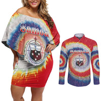 Samoa Couples Matching Off Shoulder Short Dress and Long Sleeve Button Shirt Tie Dye Unique Style
