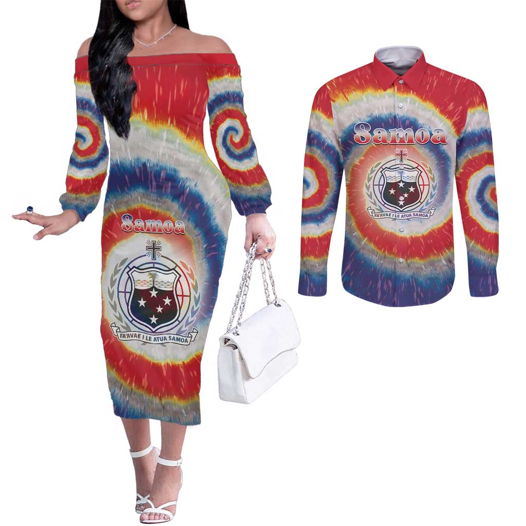 Samoa Couples Matching Off The Shoulder Long Sleeve Dress and Long Sleeve Button Shirt Tie Dye Unique Style