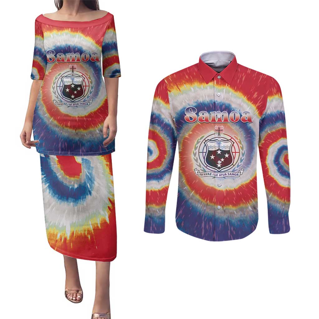 Samoa Couples Matching Puletasi and Long Sleeve Button Shirt Tie Dye Unique Style
