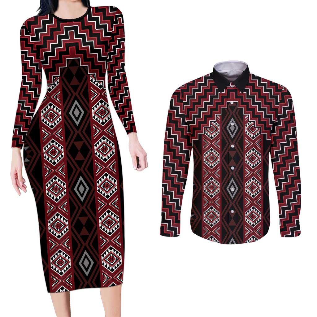 New Zealand Aotearoa Couples Matching Long Sleeve Bodycon Dress and Long Sleeve Button Shirt Red Poutama With Taniko Pattern LT05