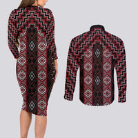 New Zealand Aotearoa Couples Matching Long Sleeve Bodycon Dress and Long Sleeve Button Shirt Red Poutama With Taniko Pattern LT05