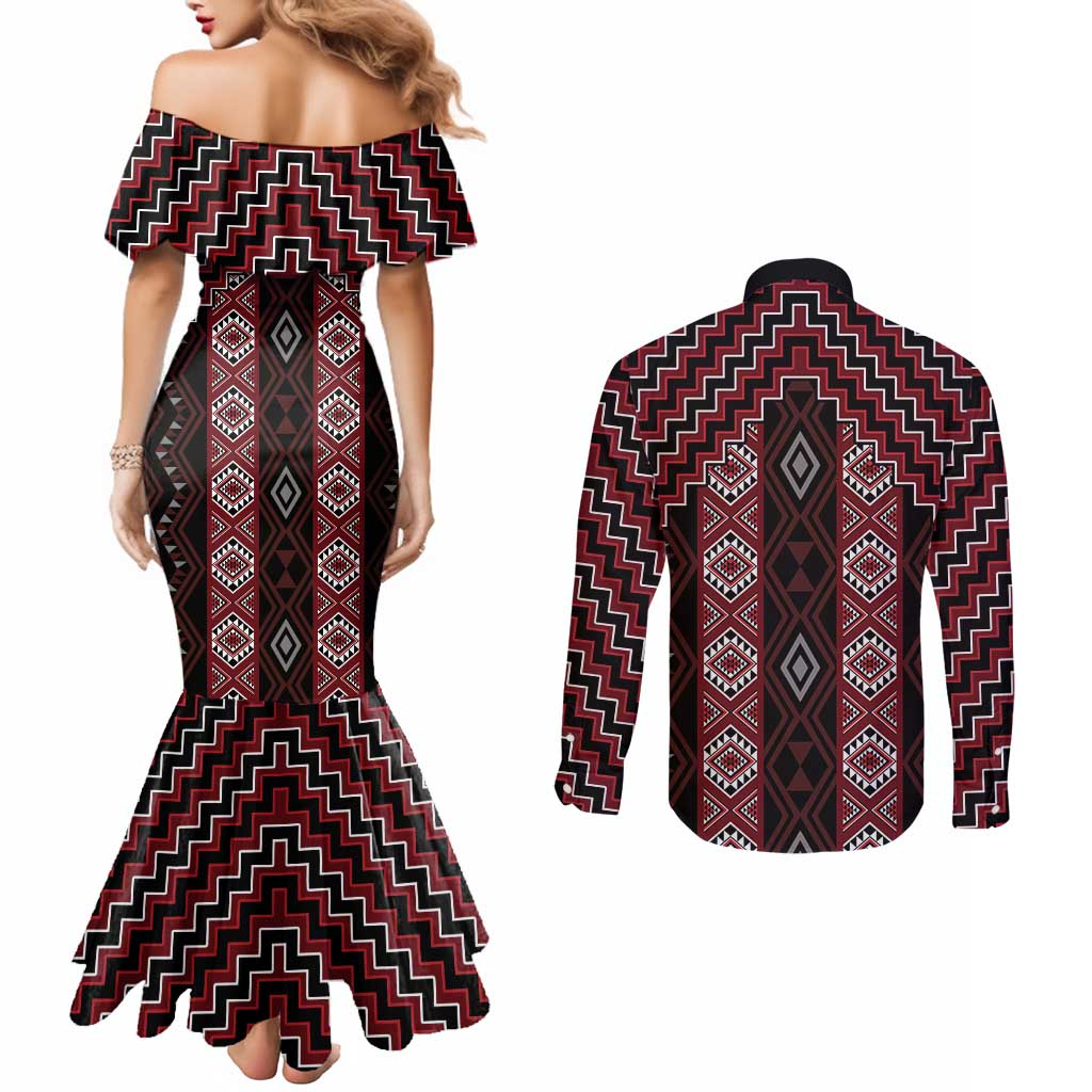 New Zealand Aotearoa Couples Matching Mermaid Dress and Long Sleeve Button Shirt Red Poutama With Taniko Pattern LT05
