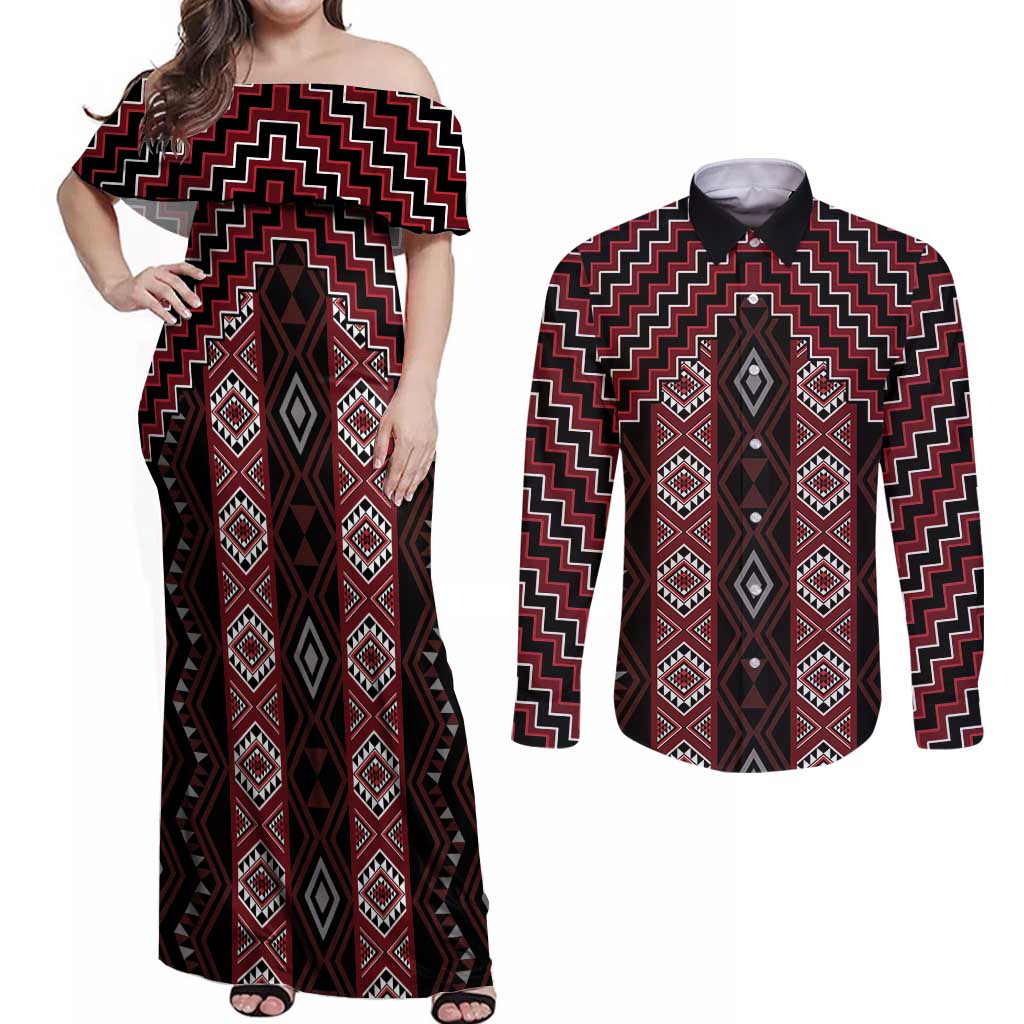 New Zealand Aotearoa Couples Matching Off Shoulder Maxi Dress and Long Sleeve Button Shirt Red Poutama With Taniko Pattern LT05