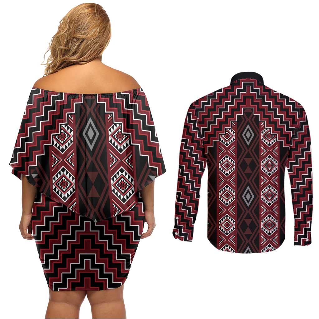 New Zealand Aotearoa Couples Matching Off Shoulder Short Dress and Long Sleeve Button Shirt Red Poutama With Taniko Pattern LT05