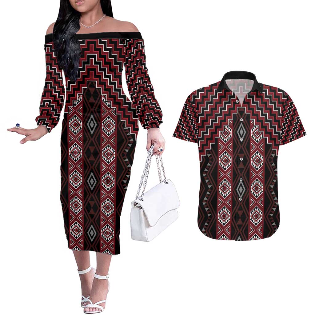 New Zealand Aotearoa Couples Matching Off The Shoulder Long Sleeve Dress and Hawaiian Shirt Red Poutama With Taniko Pattern LT05