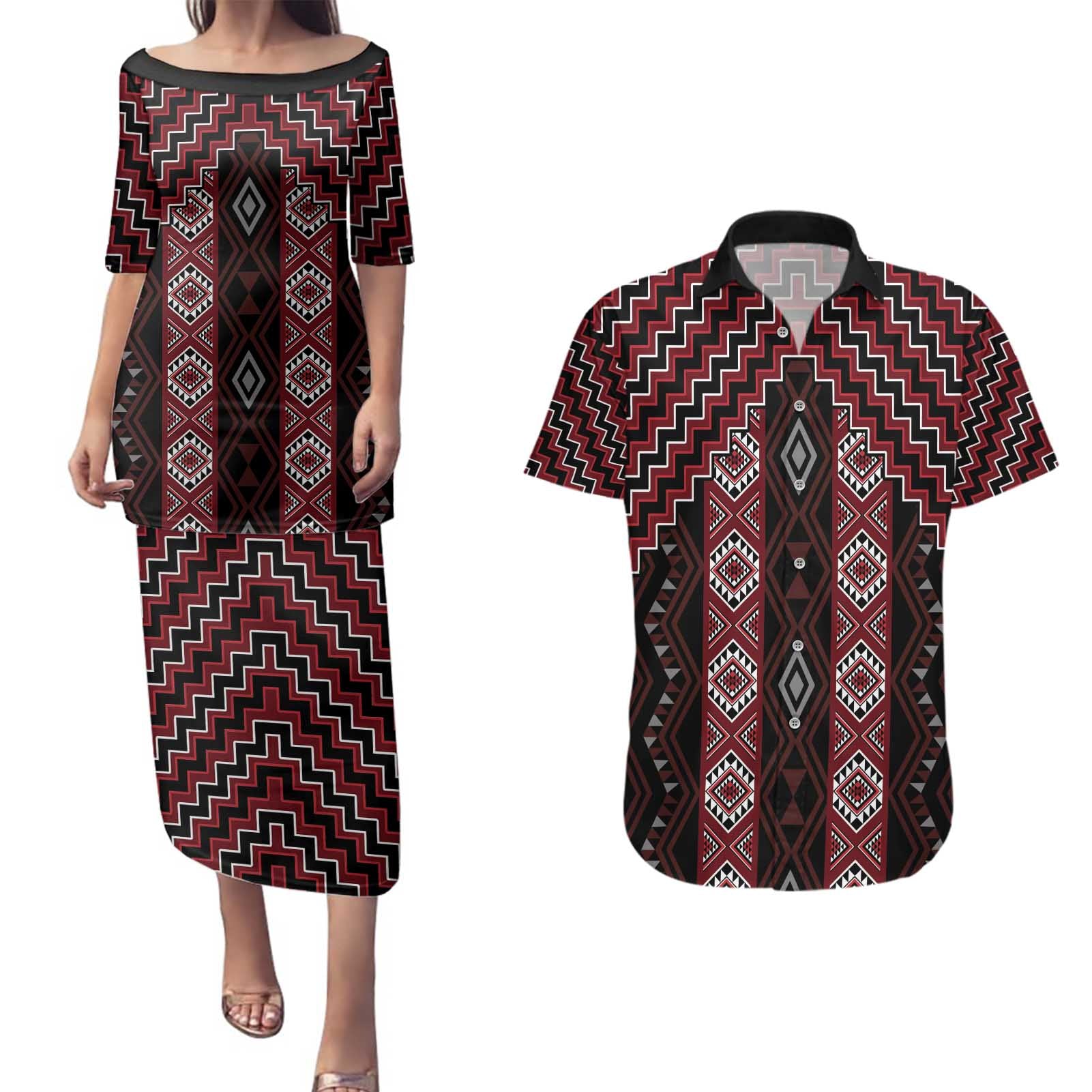 New Zealand Aotearoa Couples Matching Puletasi and Hawaiian Shirt Red Poutama With Taniko Pattern LT05