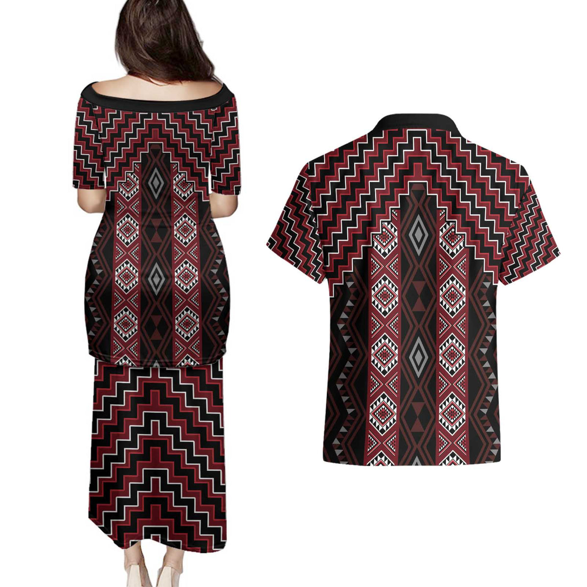 New Zealand Aotearoa Couples Matching Puletasi and Hawaiian Shirt Red Poutama With Taniko Pattern LT05