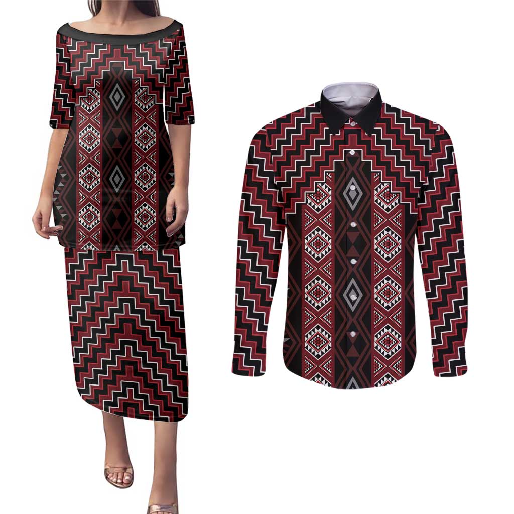 New Zealand Aotearoa Couples Matching Puletasi and Long Sleeve Button Shirt Red Poutama With Taniko Pattern LT05