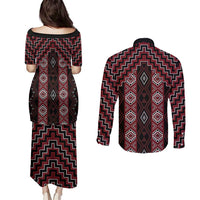 New Zealand Aotearoa Couples Matching Puletasi and Long Sleeve Button Shirt Red Poutama With Taniko Pattern LT05