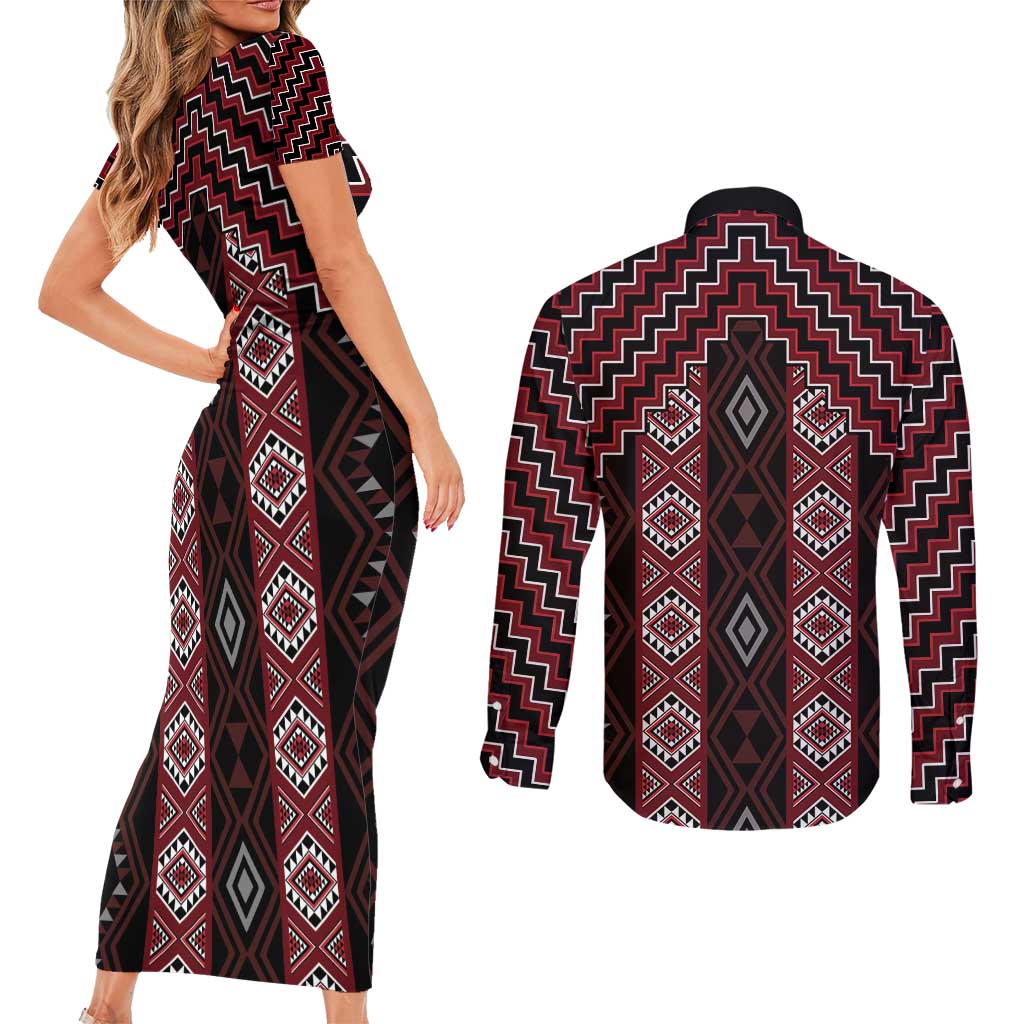 New Zealand Aotearoa Couples Matching Short Sleeve Bodycon Dress and Long Sleeve Button Shirt Red Poutama With Taniko Pattern LT05
