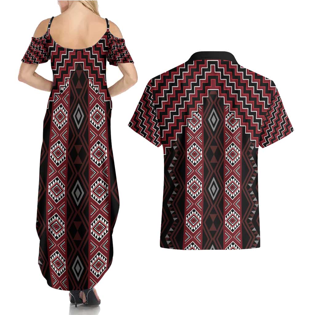 New Zealand Aotearoa Couples Matching Summer Maxi Dress and Hawaiian Shirt Red Poutama With Taniko Pattern LT05