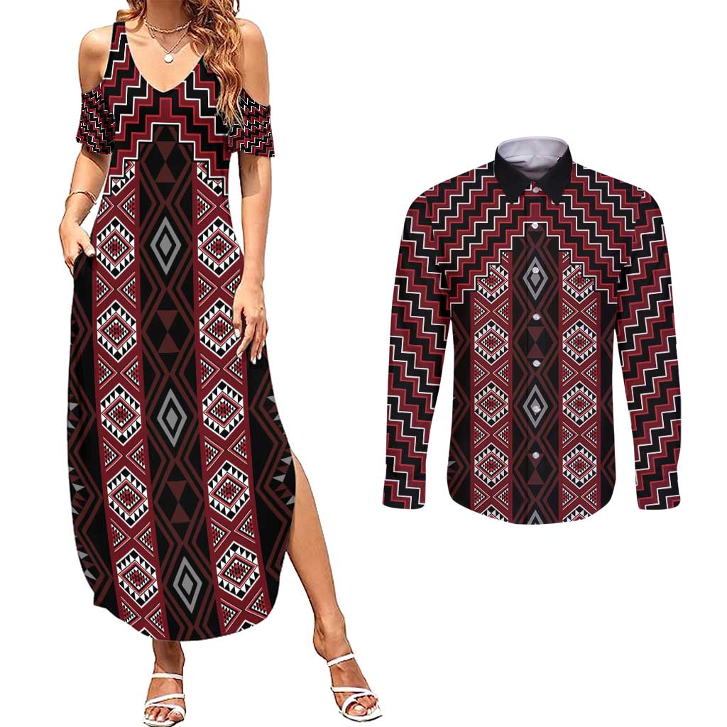 New Zealand Aotearoa Couples Matching Summer Maxi Dress and Long Sleeve Button Shirt Red Poutama With Taniko Pattern LT05