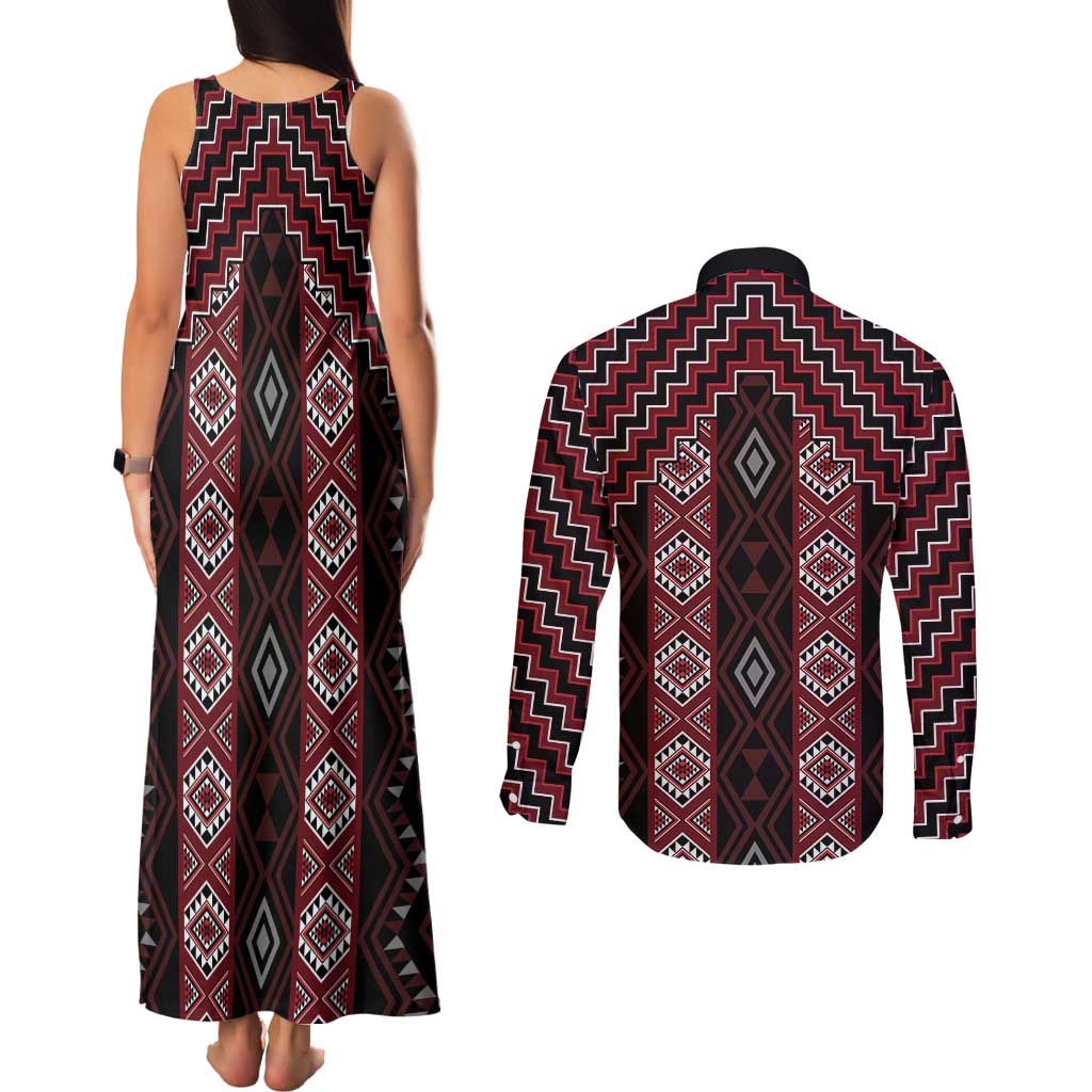 New Zealand Aotearoa Couples Matching Tank Maxi Dress and Long Sleeve Button Shirt Red Poutama With Taniko Pattern LT05