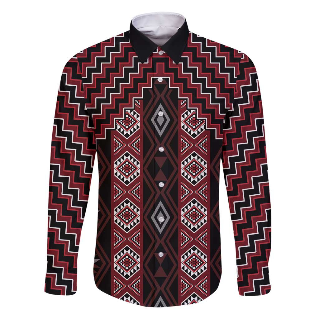 New Zealand Aotearoa Family Matching Long Sleeve Bodycon Dress and Hawaiian Shirt Red Poutama With Taniko Pattern LT05 Dad's Shirt - Long Sleeve Red - Polynesian Pride