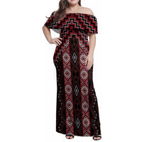 New Zealand Aotearoa Family Matching Off Shoulder Maxi Dress and Hawaiian Shirt Red Poutama With Taniko Pattern LT05