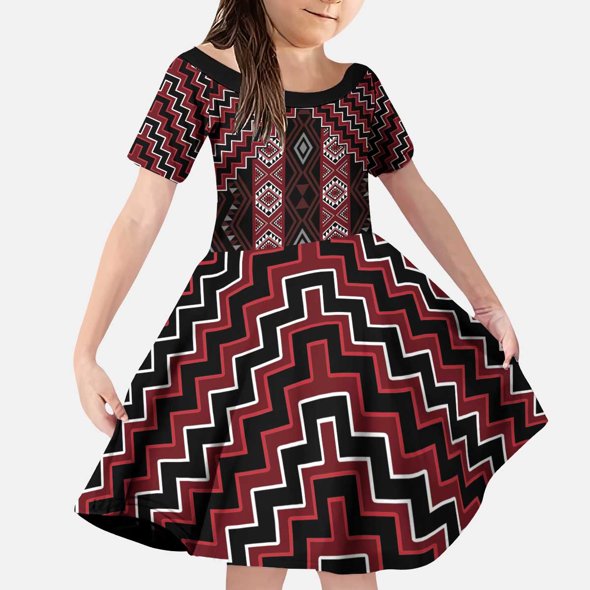 New Zealand Aotearoa Kid Short Sleeve Dress Red Poutama With Taniko Pattern LT05