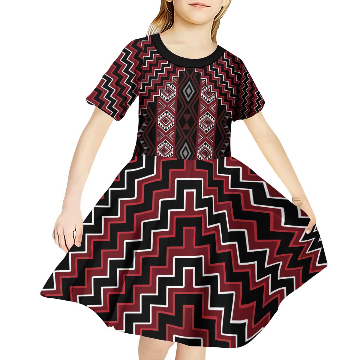 New Zealand Aotearoa Kid Short Sleeve Dress Red Poutama With Taniko Pattern LT05 - Polynesian Pride