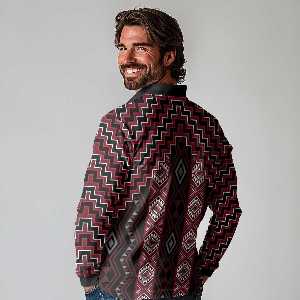 New Zealand Aotearoa Long Sleeve Polo Shirt Red Poutama With Taniko Pattern LT05