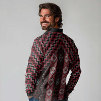New Zealand Aotearoa Long Sleeve Polo Shirt Red Poutama With Taniko Pattern LT05