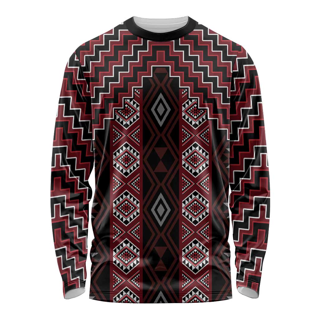 New Zealand Aotearoa Long Sleeve Shirt Red Poutama With Taniko Pattern LT05