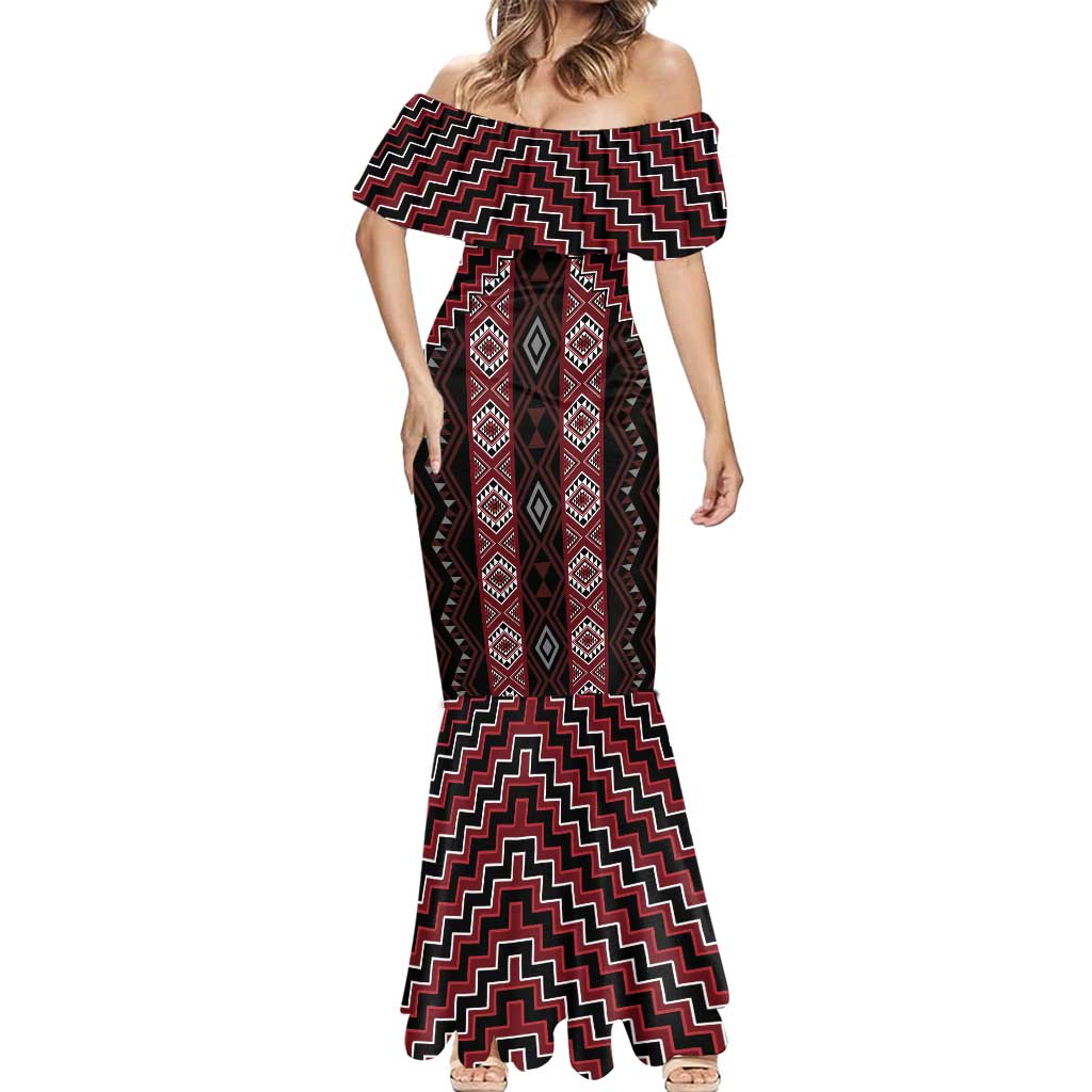 New Zealand Aotearoa Mermaid Dress Red Poutama With Taniko Pattern LT05