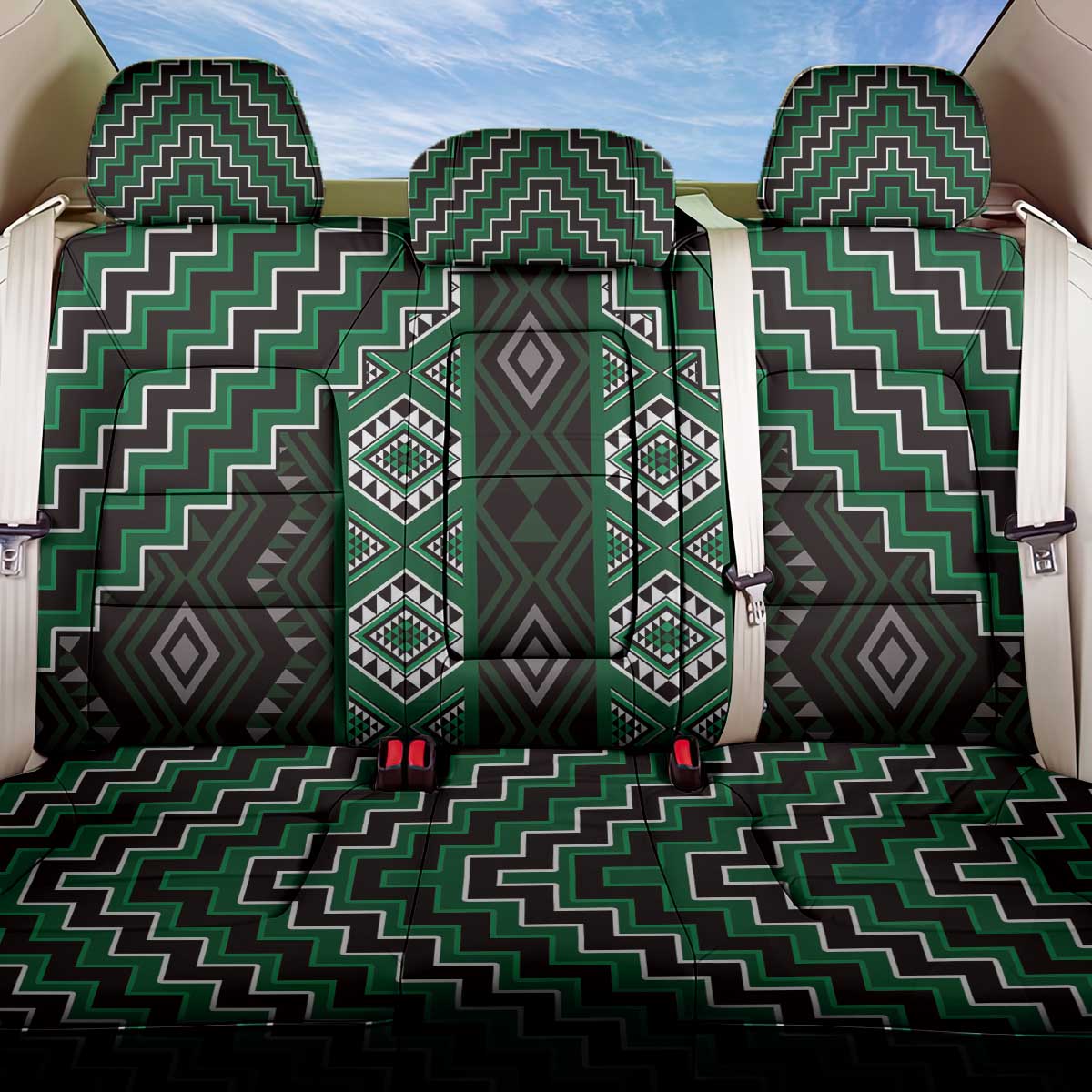 New Zealand Aotearoa Back Car Seat Cover Green Poutama With Taniko Pattern LT05