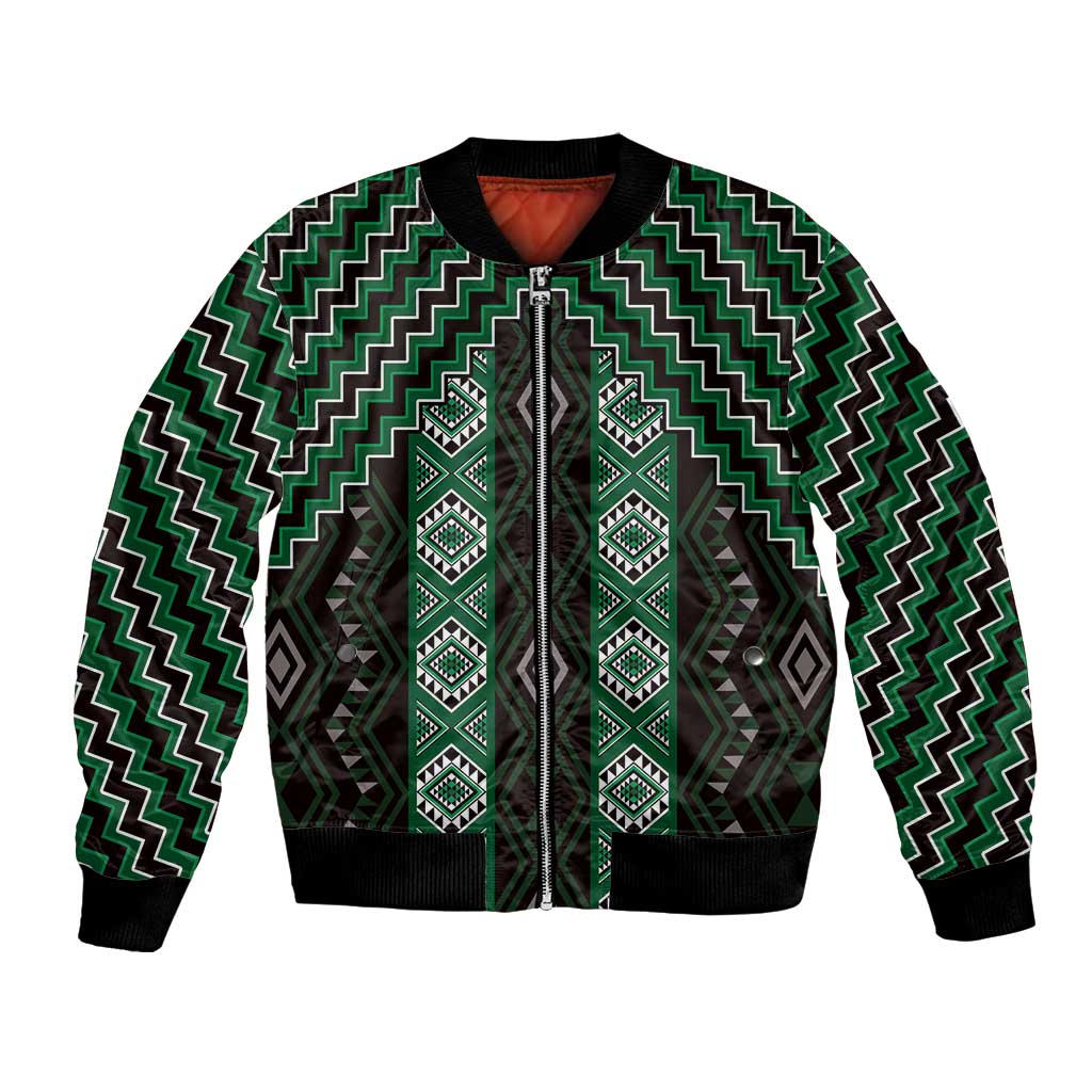 New Zealand Aotearoa Bomber Jacket Green Poutama With Taniko Pattern LT05