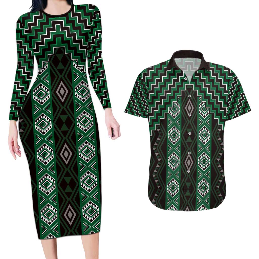 New Zealand Aotearoa Couples Matching Long Sleeve Bodycon Dress and Hawaiian Shirt Green Poutama With Taniko Pattern LT05