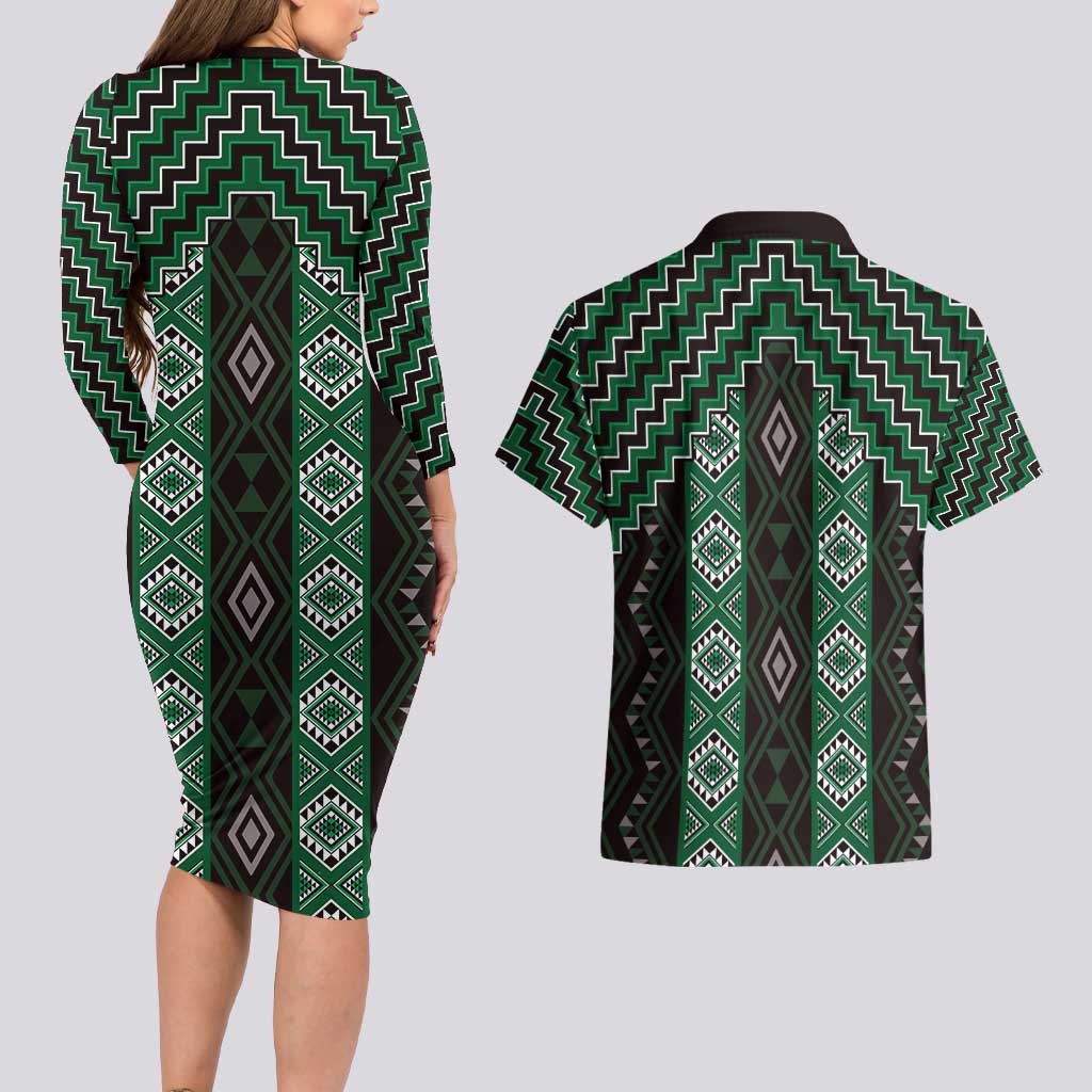 New Zealand Aotearoa Couples Matching Long Sleeve Bodycon Dress and Hawaiian Shirt Green Poutama With Taniko Pattern LT05