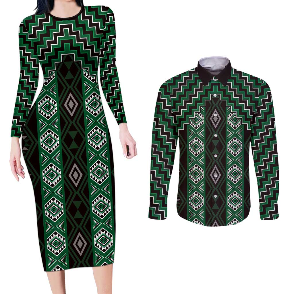 New Zealand Aotearoa Couples Matching Long Sleeve Bodycon Dress and Long Sleeve Button Shirt Green Poutama With Taniko Pattern LT05