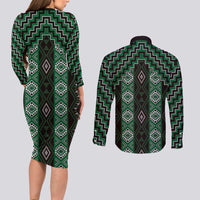 New Zealand Aotearoa Couples Matching Long Sleeve Bodycon Dress and Long Sleeve Button Shirt Green Poutama With Taniko Pattern LT05