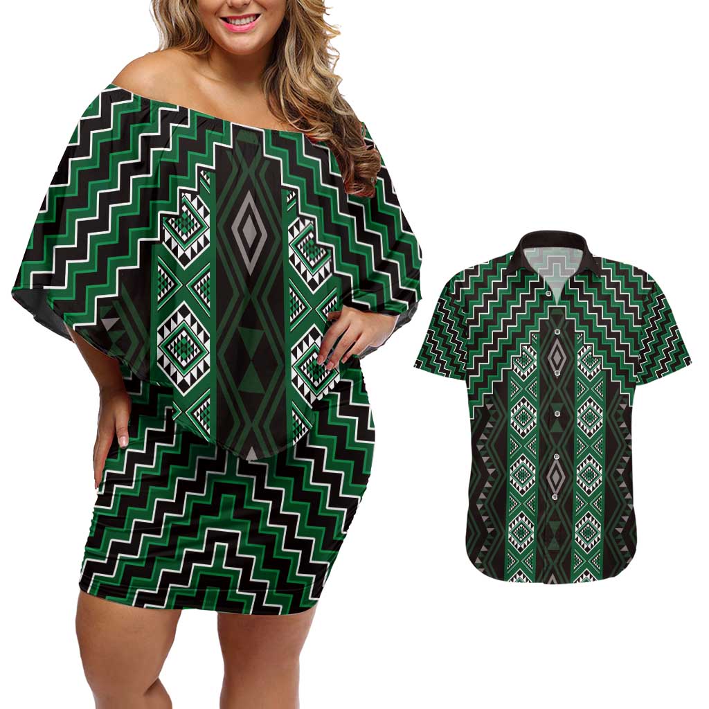 New Zealand Aotearoa Couples Matching Off Shoulder Short Dress and Hawaiian Shirt Green Poutama With Taniko Pattern LT05