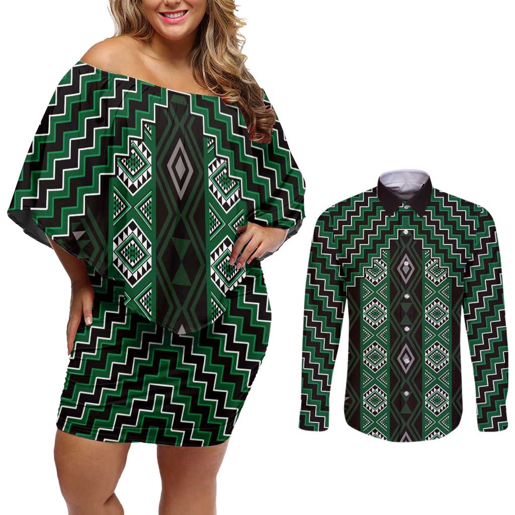 New Zealand Aotearoa Couples Matching Off Shoulder Short Dress and Long Sleeve Button Shirt Green Poutama With Taniko Pattern LT05