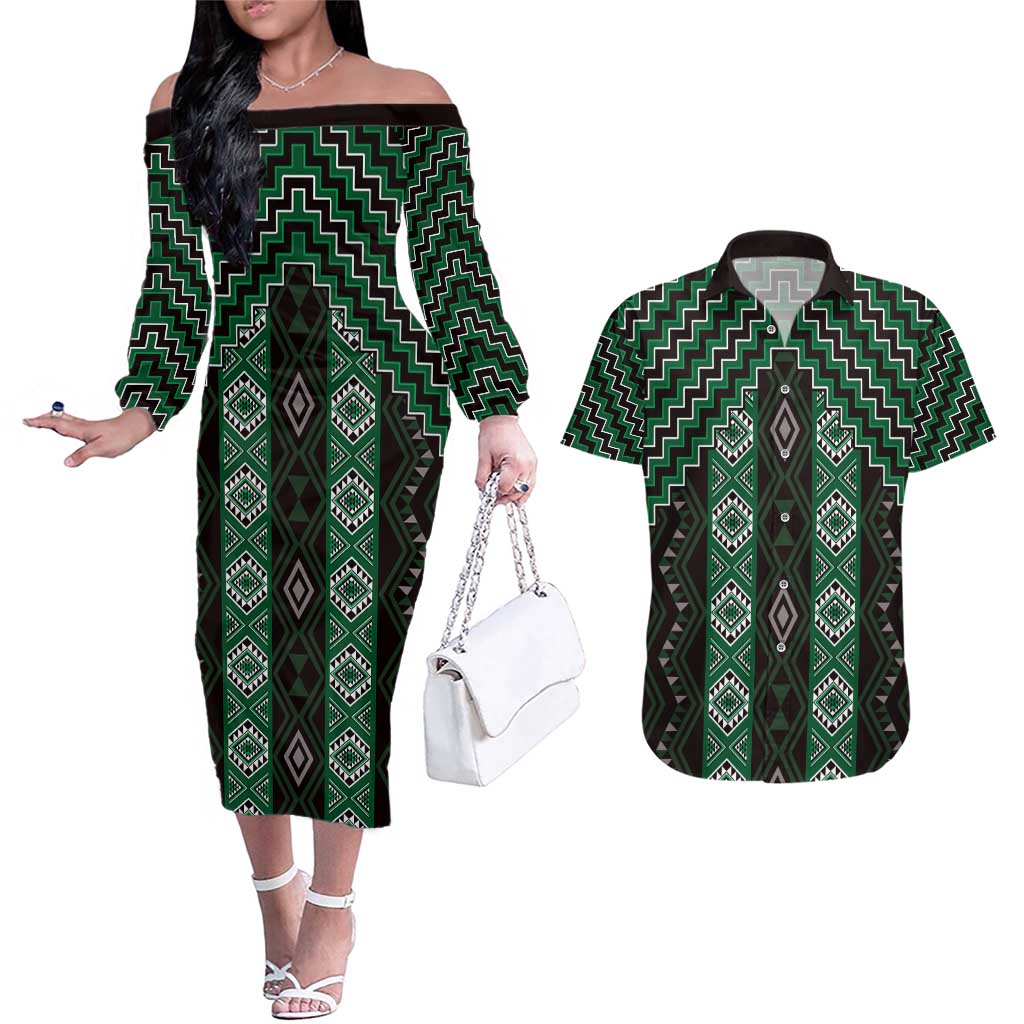 New Zealand Aotearoa Couples Matching Off The Shoulder Long Sleeve Dress and Hawaiian Shirt Green Poutama With Taniko Pattern LT05