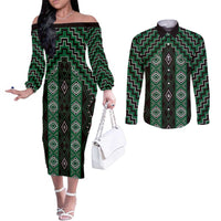 New Zealand Aotearoa Couples Matching Off The Shoulder Long Sleeve Dress and Long Sleeve Button Shirt Green Poutama With Taniko Pattern LT05