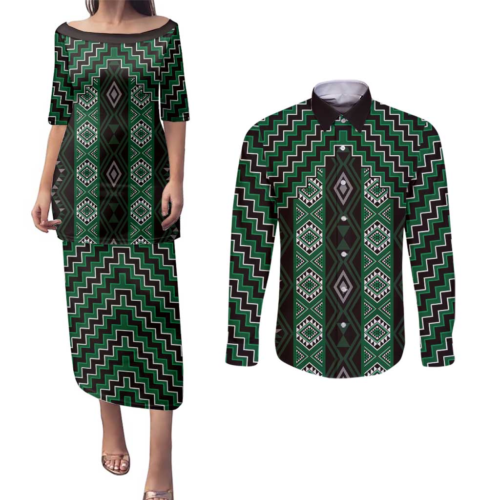 New Zealand Aotearoa Couples Matching Puletasi and Long Sleeve Button Shirt Green Poutama With Taniko Pattern LT05