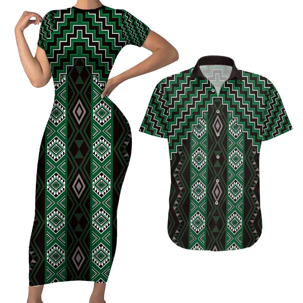 New Zealand Aotearoa Couples Matching Short Sleeve Bodycon Dress and Hawaiian Shirt Green Poutama With Taniko Pattern LT05