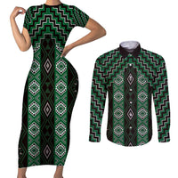 New Zealand Aotearoa Couples Matching Short Sleeve Bodycon Dress and Long Sleeve Button Shirt Green Poutama With Taniko Pattern LT05
