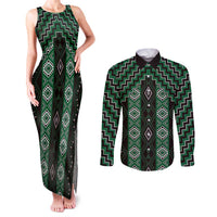 New Zealand Aotearoa Couples Matching Tank Maxi Dress and Long Sleeve Button Shirt Green Poutama With Taniko Pattern LT05