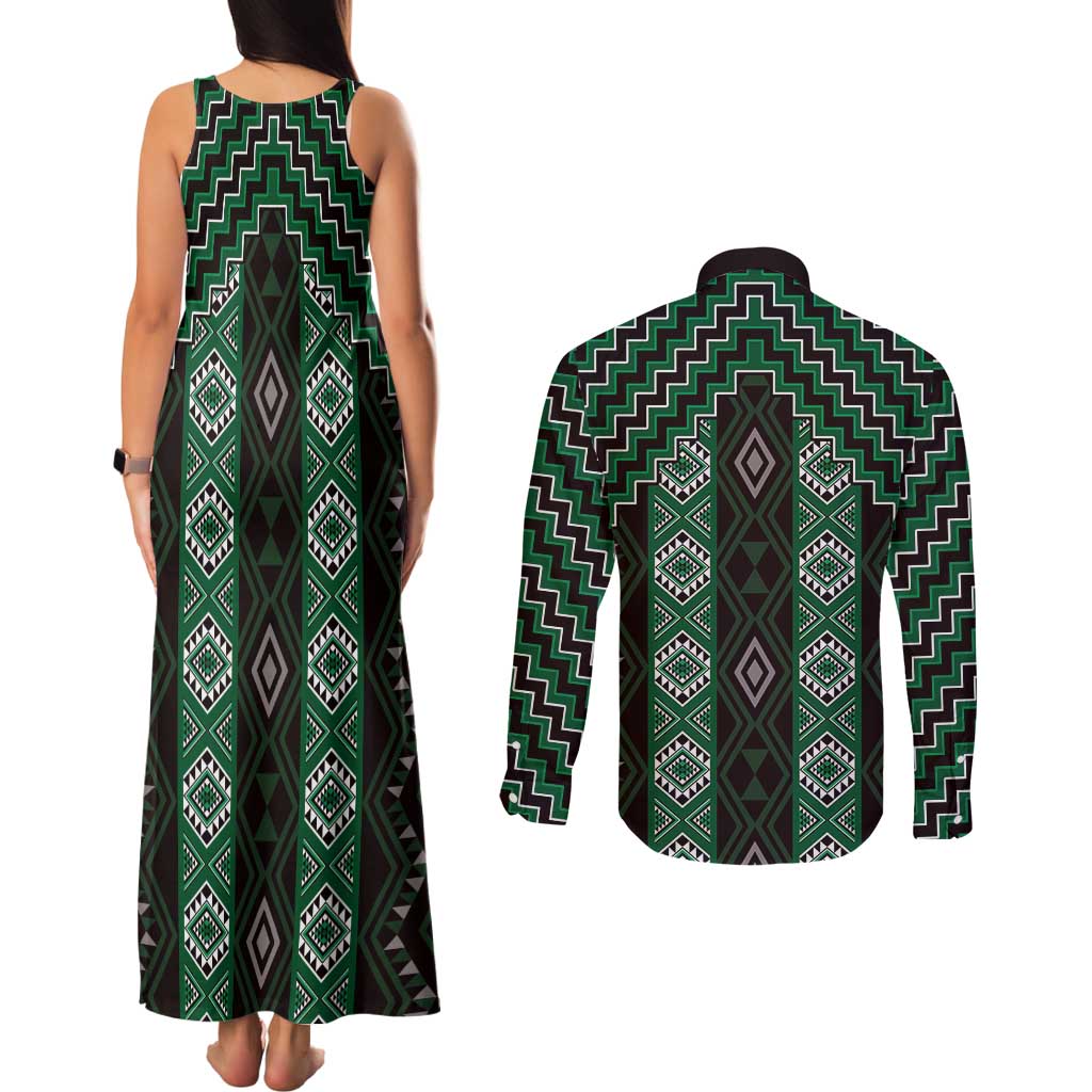 New Zealand Aotearoa Couples Matching Tank Maxi Dress and Long Sleeve Button Shirt Green Poutama With Taniko Pattern LT05