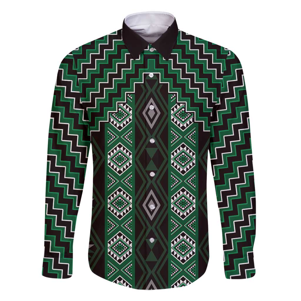 New Zealand Aotearoa Family Matching Long Sleeve Bodycon Dress and Hawaiian Shirt Green Poutama With Taniko Pattern LT05 Dad's Shirt - Long Sleeve Green - Polynesian Pride
