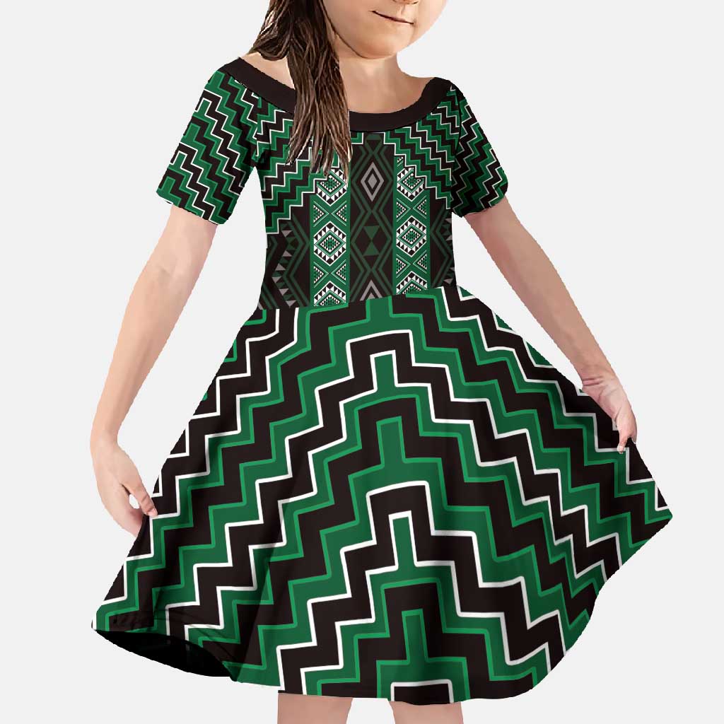 New Zealand Aotearoa Family Matching Mermaid Dress and Hawaiian Shirt Green Poutama With Taniko Pattern LT05 Daughter's Dress Green - Polynesian Pride